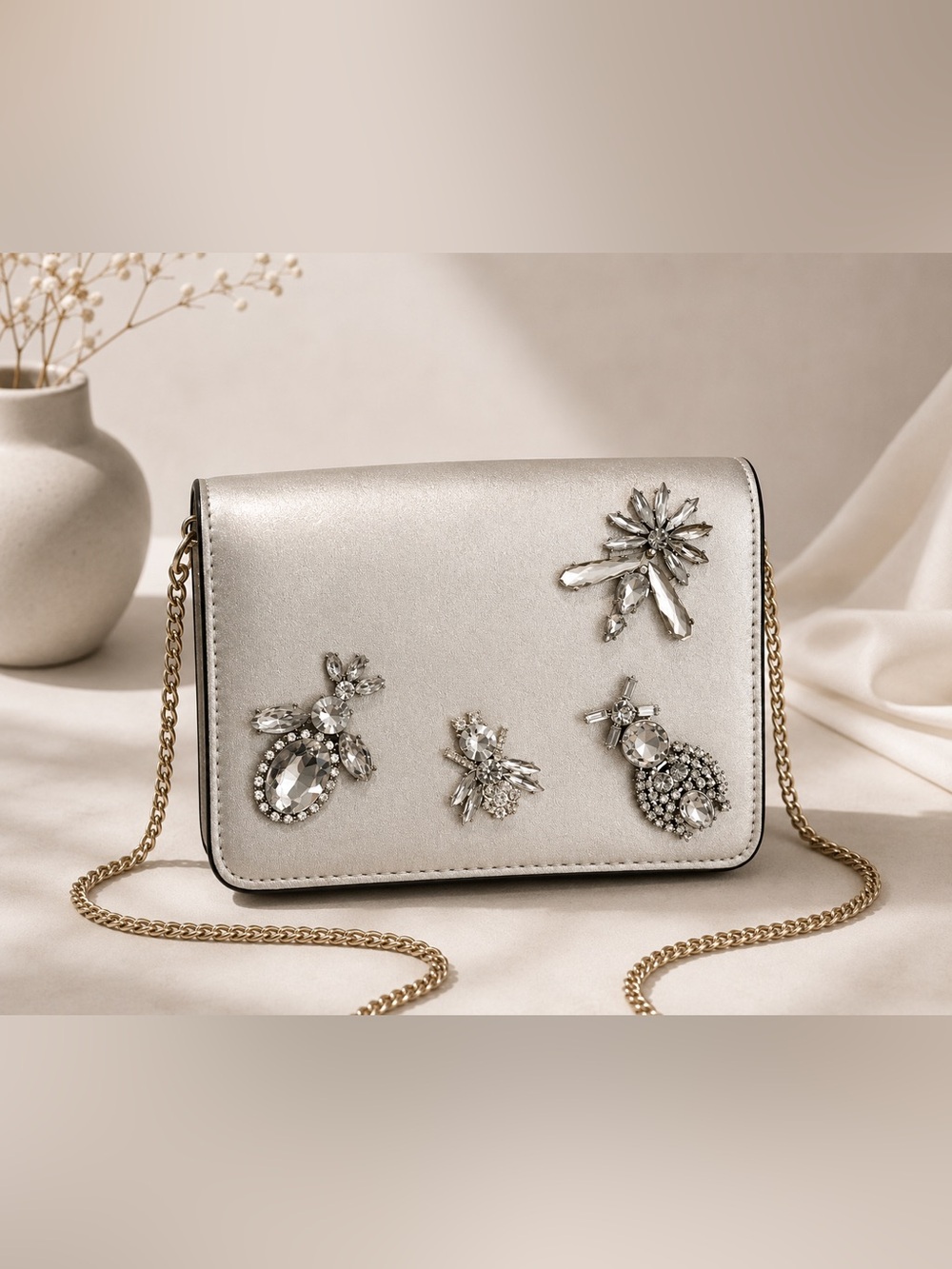 Zara Embellished Silver Clutch Handbag